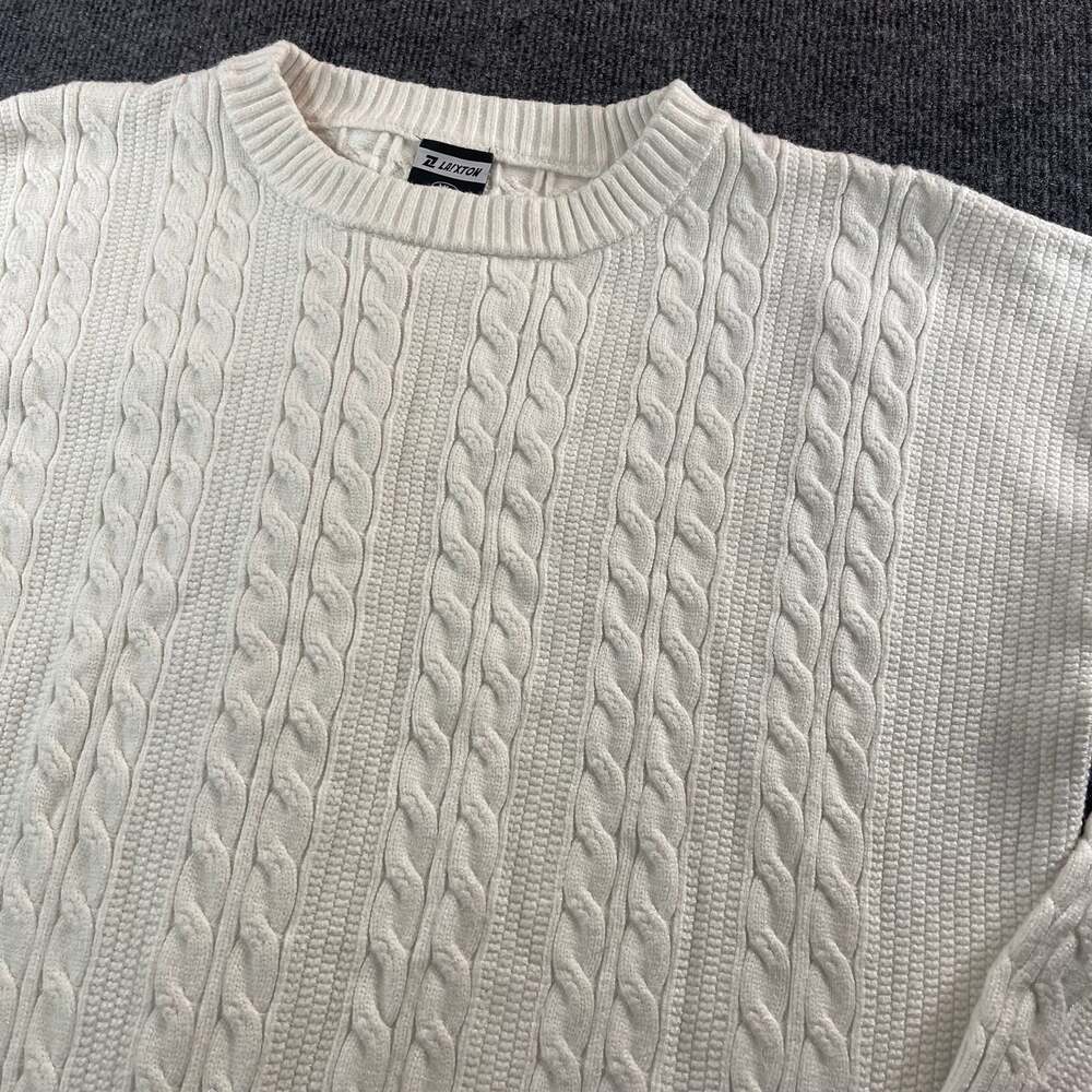 La!Xton Mens Oversized Cable-Knit Crewneck Sweater White Cream XL